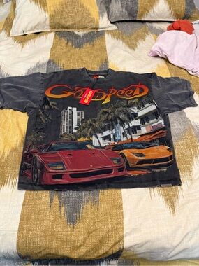 Godspeed Speed Graphic Short Sleeve Tee - Black with Red & Orange Car Print